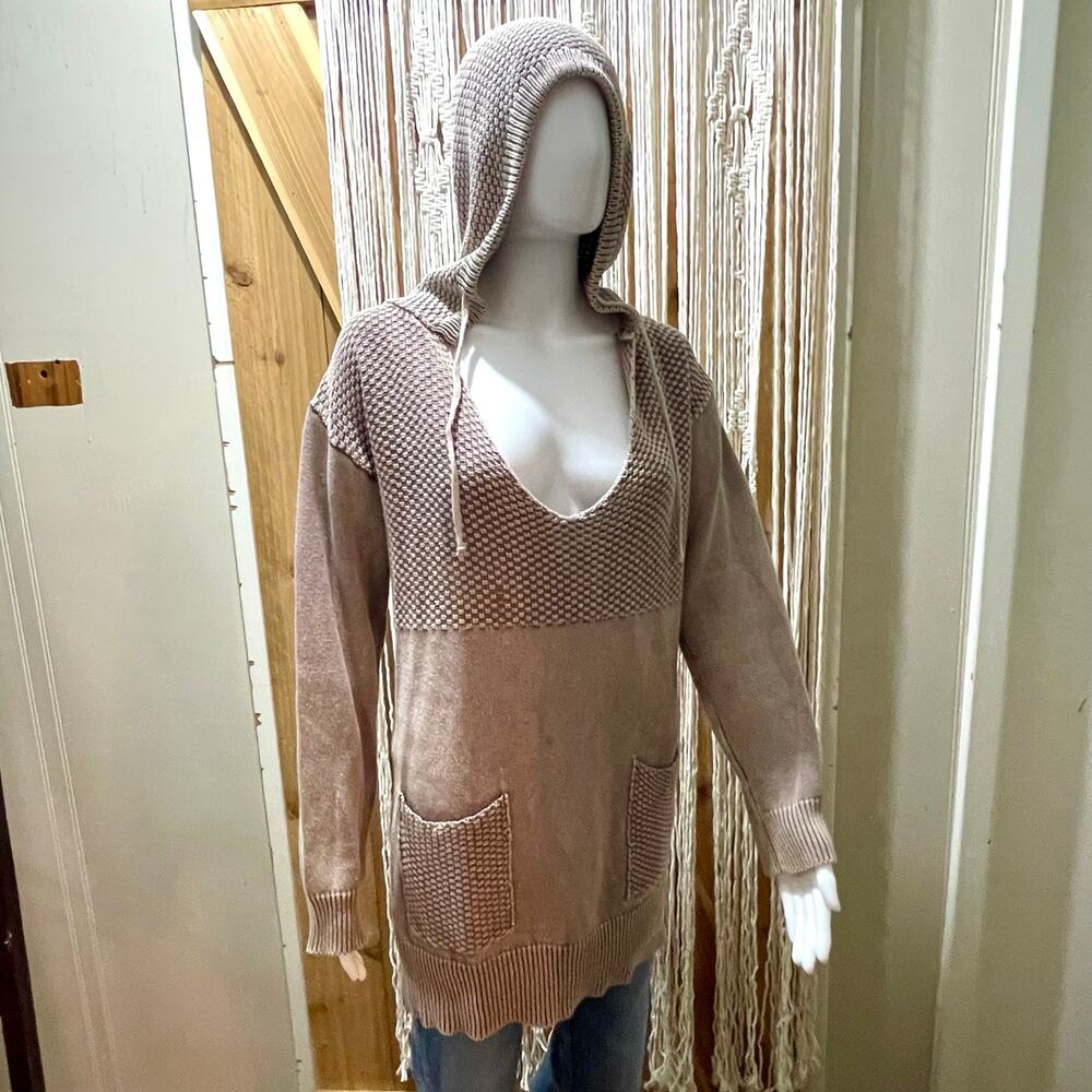 Very J Boho Mixed Stitch Split V-Neck Waffle Knit Crochet Trim Sweater Hoodie S